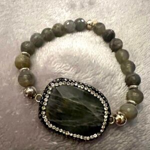 Elegant Green Gray Labradorite Stretch Stone Beaded Bracelet with Pave Accents